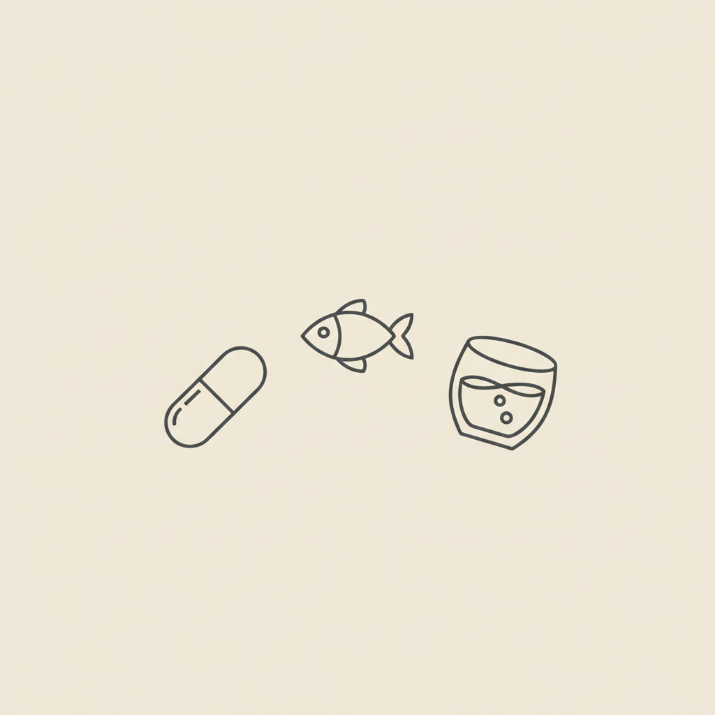 Minimal Tonum-style vector line illustration of a capsule, a small fish, and a glass of water arranged in a gentle arc on a beige background for creatine for women