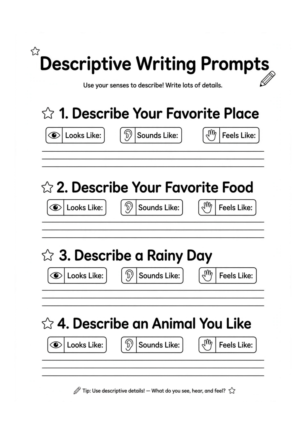 Descriptive Writing Prompts Worksheet