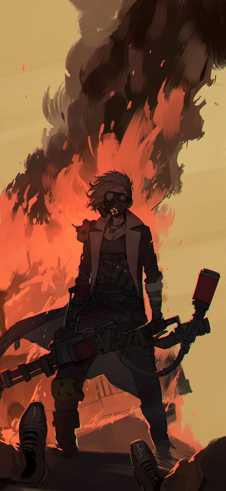 Wasteland Warrior Against Inferno - Concept Digital Art Full HD iPhone Wallpaper (1143x2476)