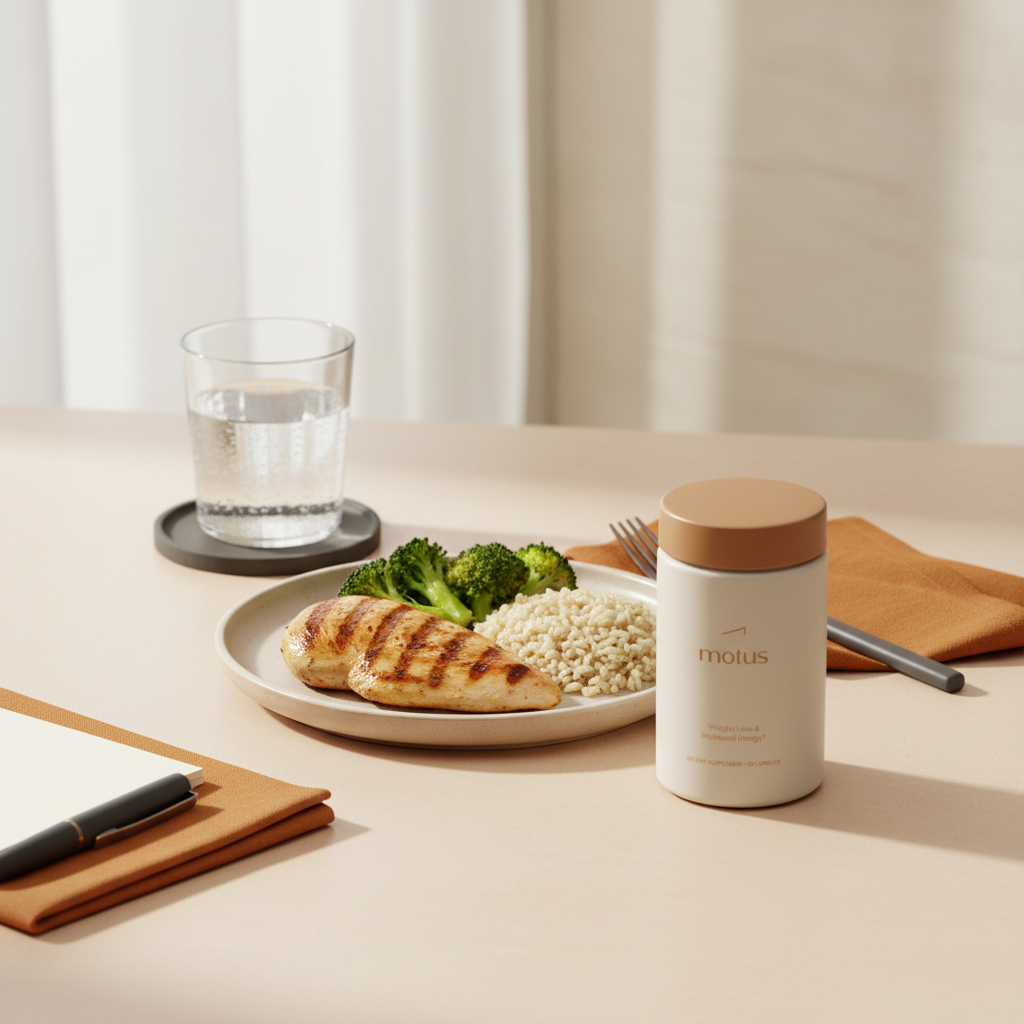 Tonum Motus supplement jar beside a balanced plate and glass of water on a minimalist #F2E5D5 countertop, illustrating mindful portion control and the 3-3-3 eating rule.