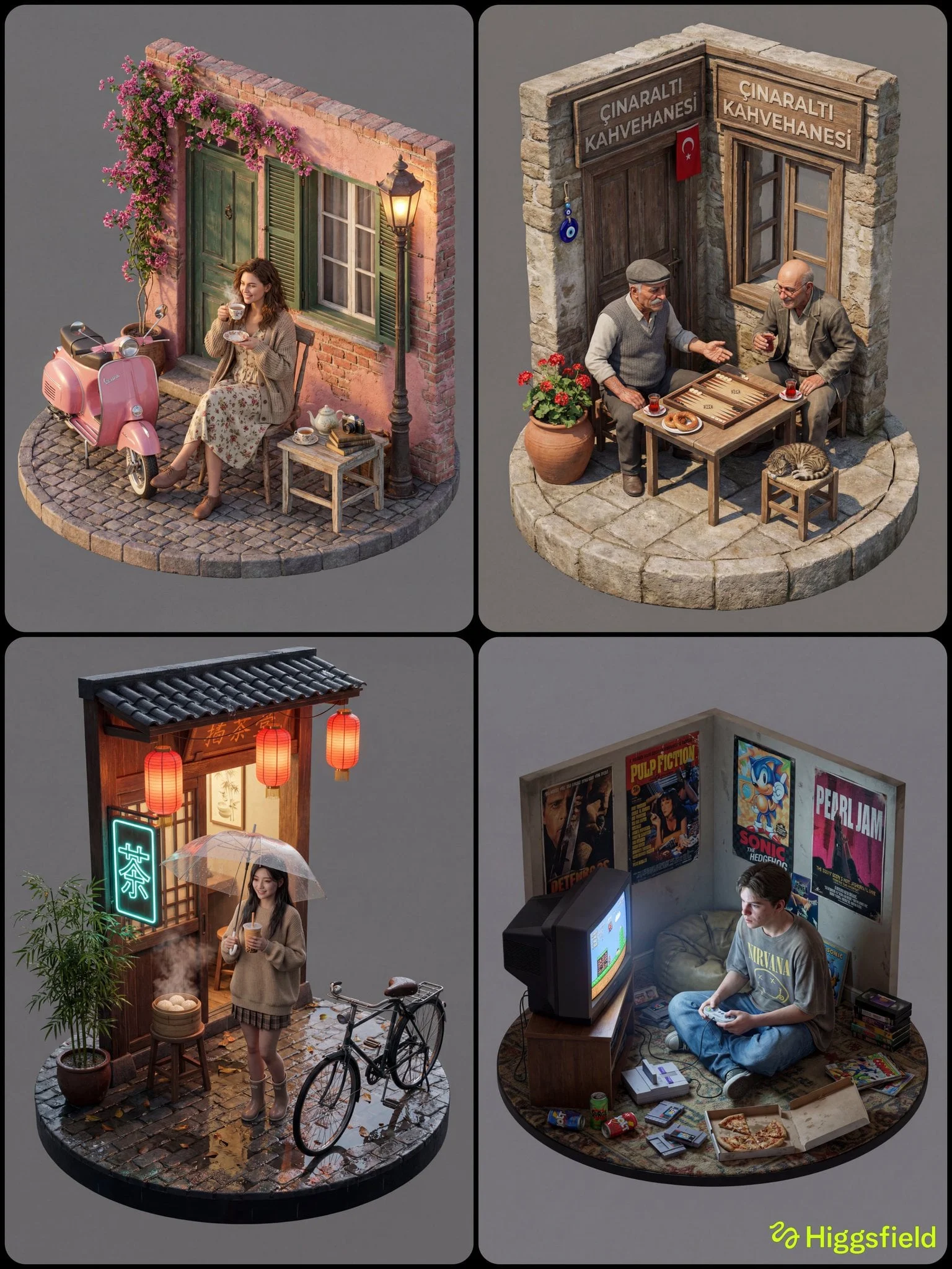 Concepto: Una vista isométrica 3D hiperrealista de una escena [INSERTAR UBICACIÓN] sobre una base circular.