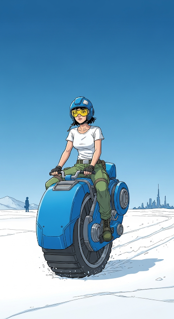 Sci-Fi Female Pilot on Blue Monowheel in Snow Landscape - Free mobile Wallpaper