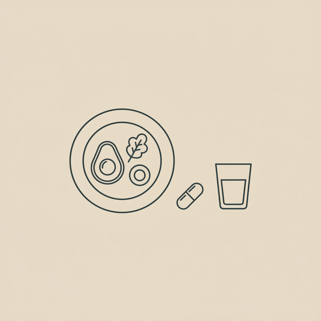 Minimalist Tonum-style line illustration of a plate with vegetables, a capsule, and a water glass for a holistic nutrition coach