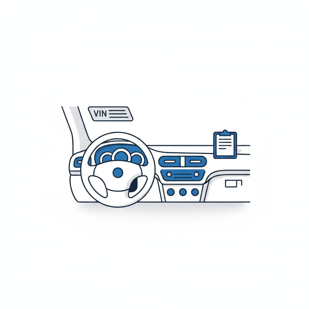 Minimalist 2D vector close up of steering wheel dashboard and visible VIN plate with small blue clipboard accent on white background most reliable used car under $6000