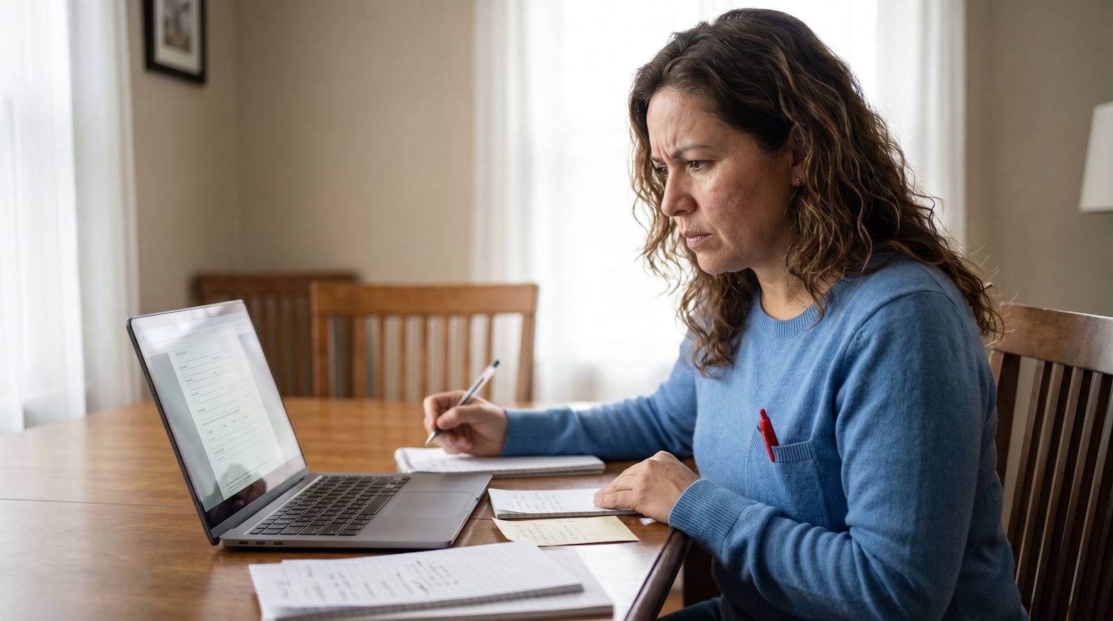 Woman reviewing florida no medical exam life insurance details carefully at home before buying