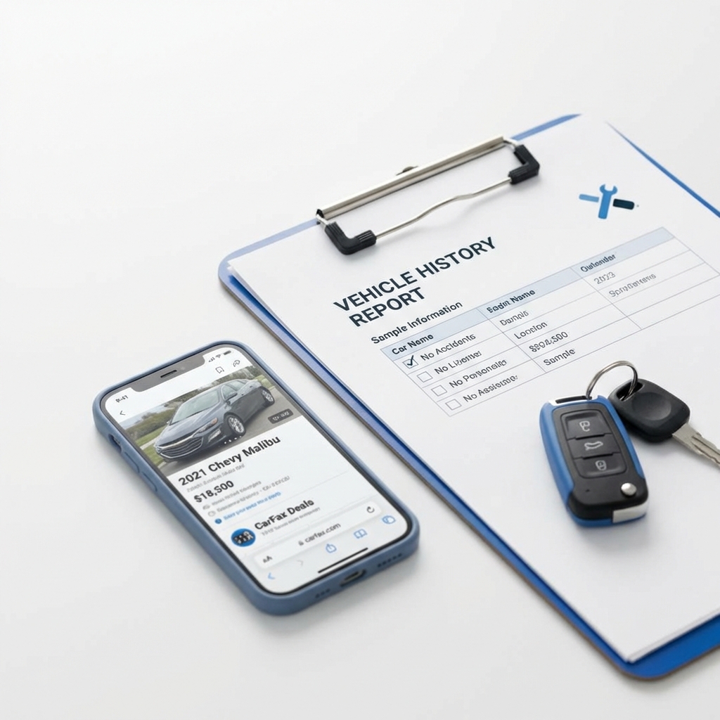 Close up of vehicle history report on clipboard next to car keys and phone showing a chevy malibu for sale listing on white background minimalist CarFax Deals aesthetic