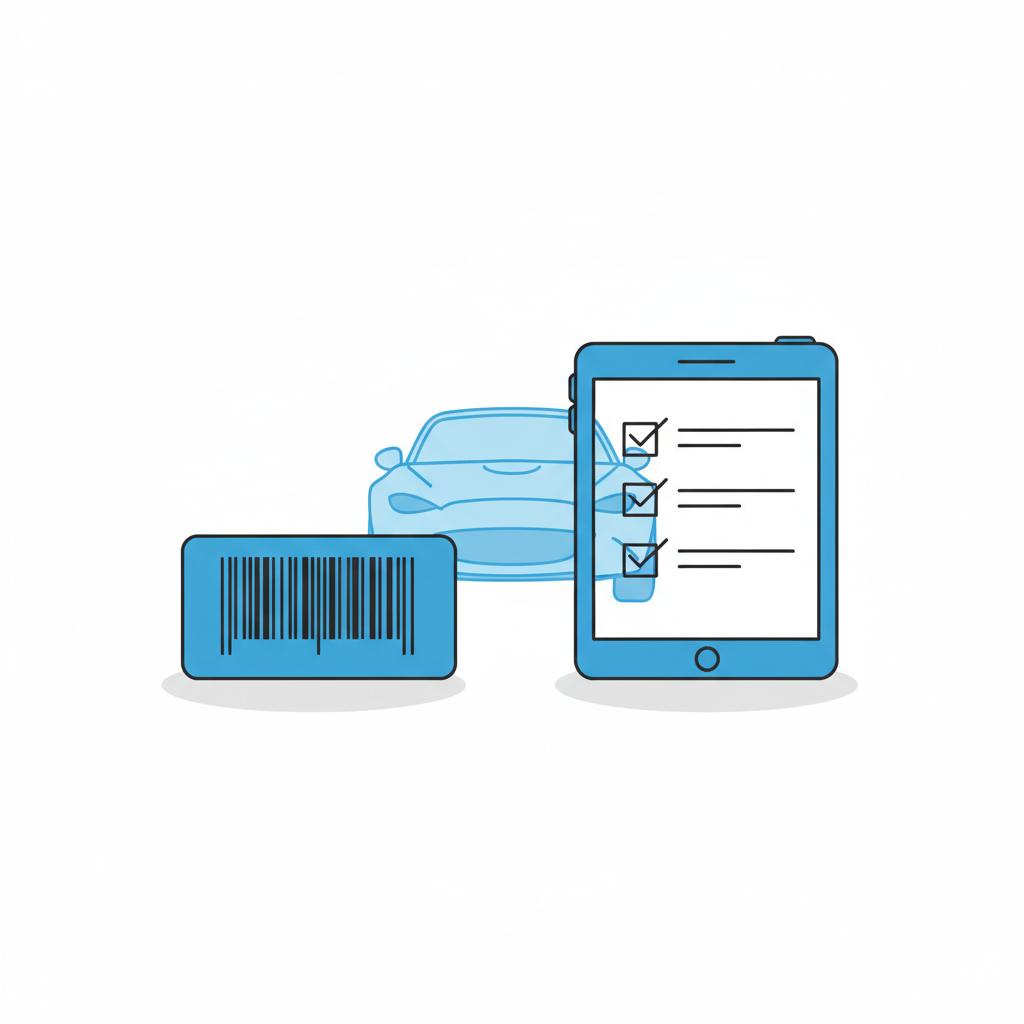Minimalist 2D vector showing a VIN sticker next to a tablet checklist and a blue Mazda MX5 silhouette in the background mazda mx5 for sale