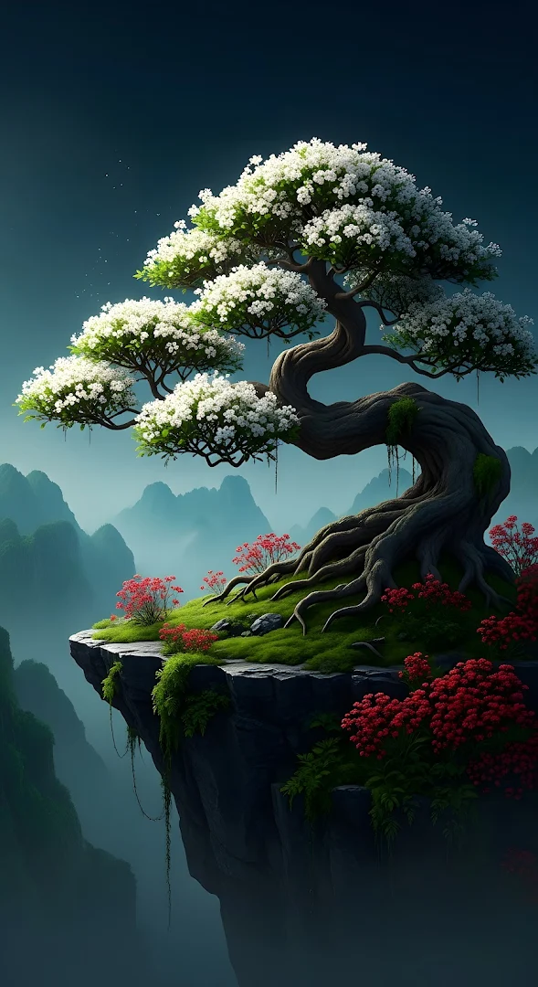 Flowering Bonsai Tree on Misty Mountain Cliff Edge