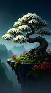Flowering Bonsai Tree on Misty Mountain Cliff Edge