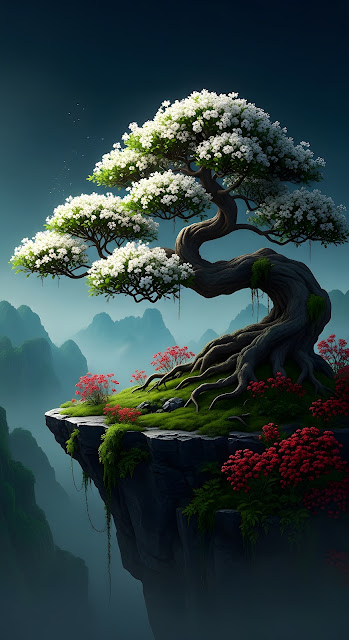 Flowering Bonsai Tree on Misty Mountain Cliff Edge - Free mobile Wallpaper