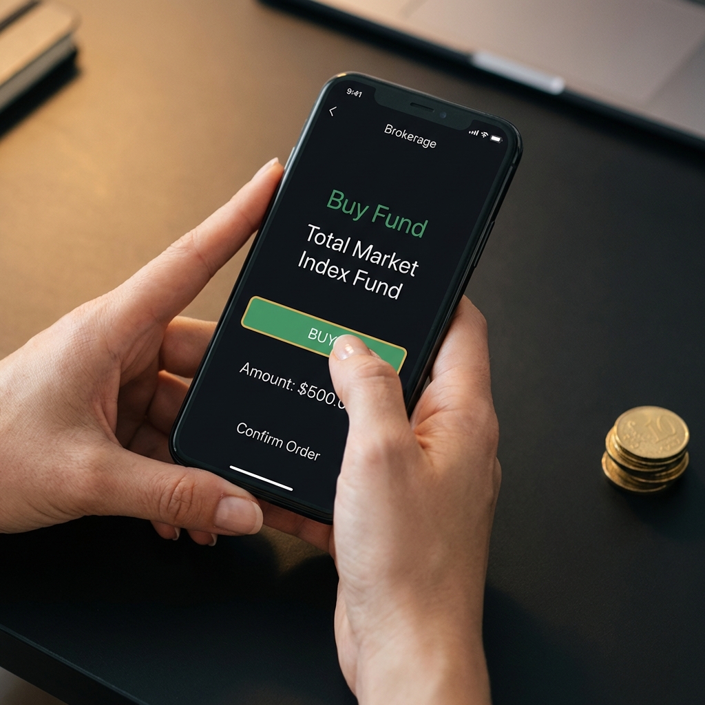 Close up of hands buying a fund on an online brokerage app with a small stack of coins on a tidy dark desk how to start investing in real estate