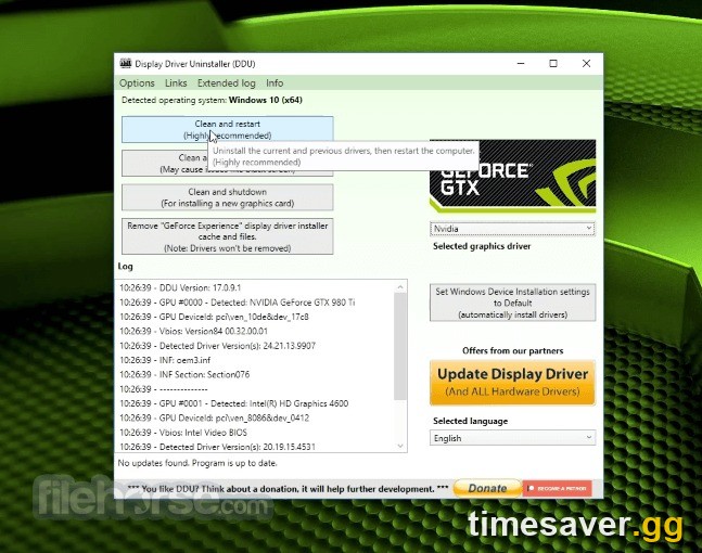 Display Driver Uninstaller (DDU) with 'Clean and restart' selected — a clean GPU-driver install removes the leftover files behind a load-in freeze that a plain driver update leaves behind