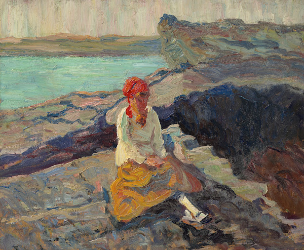 Woman in Red Scarf Near the Seashore circa 1912