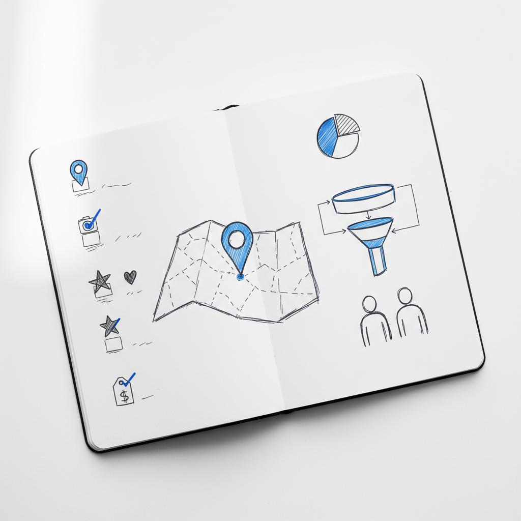 Close-up notebook checklist sketch with icons for claim profile, add photos, request reviews and small map pin illustrating cost to list business on Google