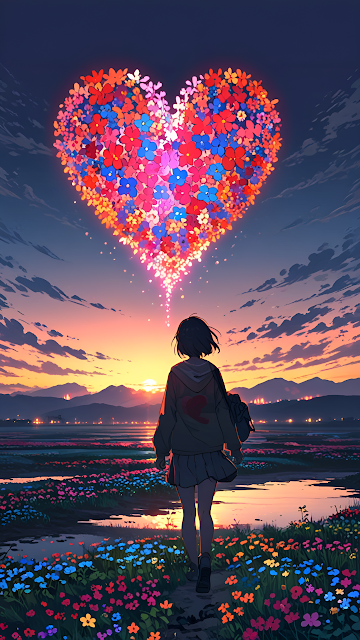 Anime Girl Walking Towards Glowing Floral Heart Sunset - Free mobile Wallpaper