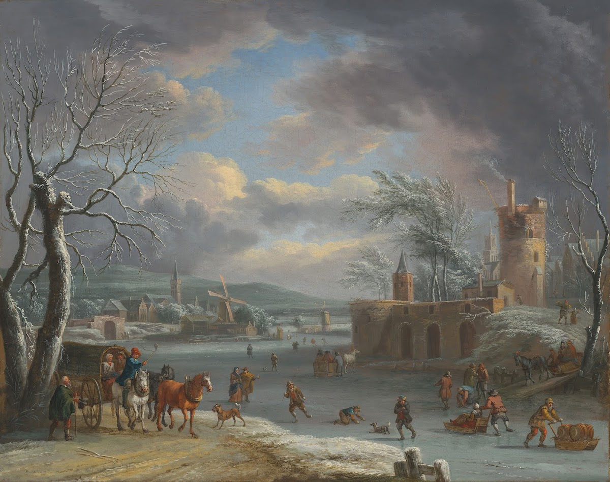 A winter landscape with figures skating on a frozen river