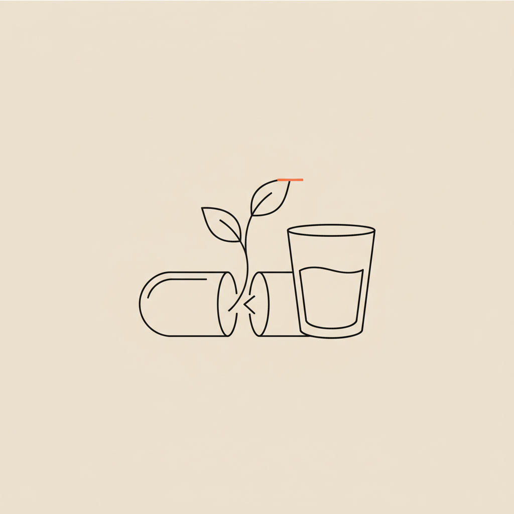 Minimalist Tonum-style vector line illustration of an open capsule with a tiny plant sprout and a glass of water on beige background — do fiber pills help you lose weight?