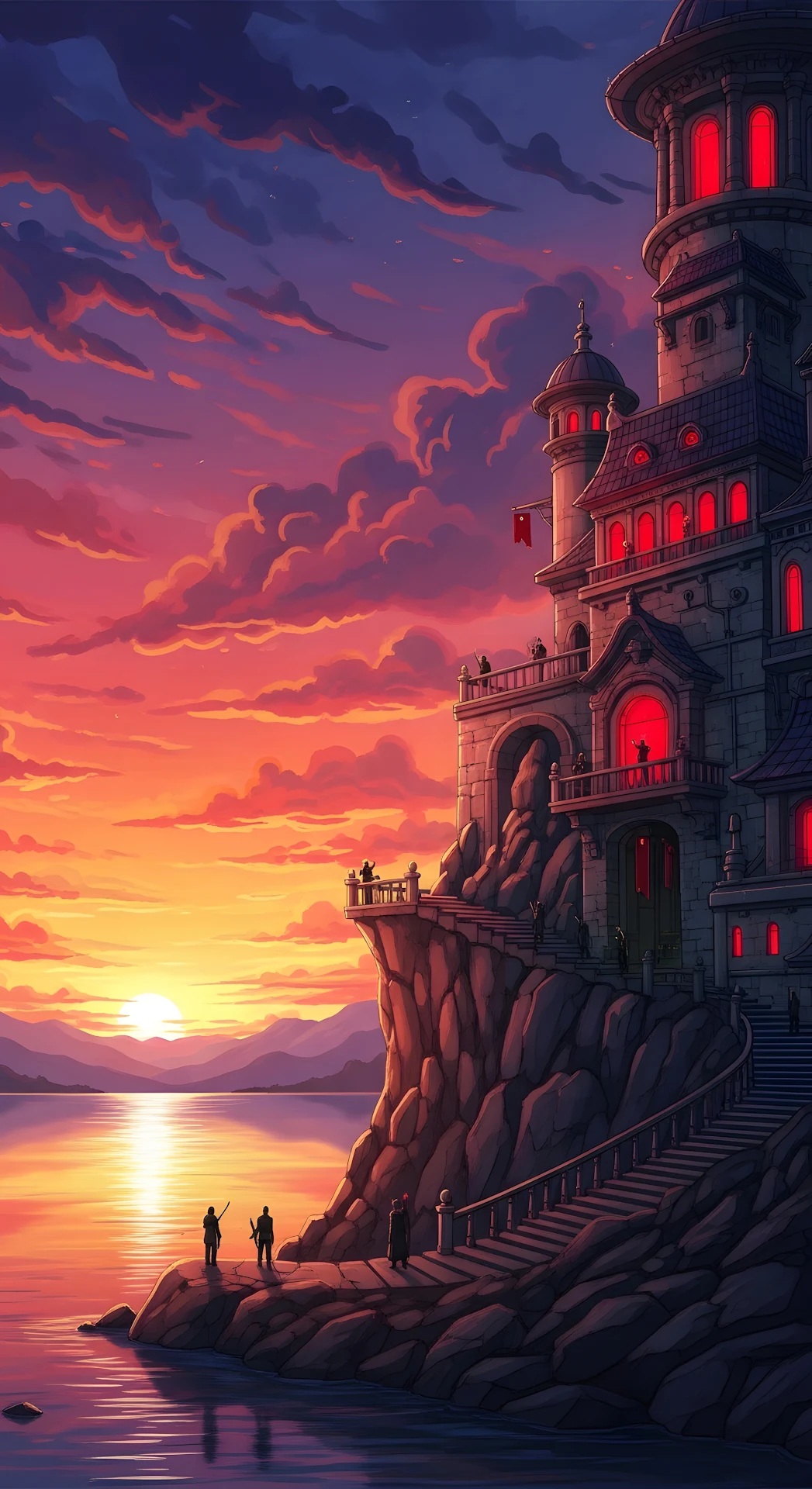 Dramatic Fantasy Castle on Cliffside at Fiery Sunset - Free 4K mobile Wallpaper