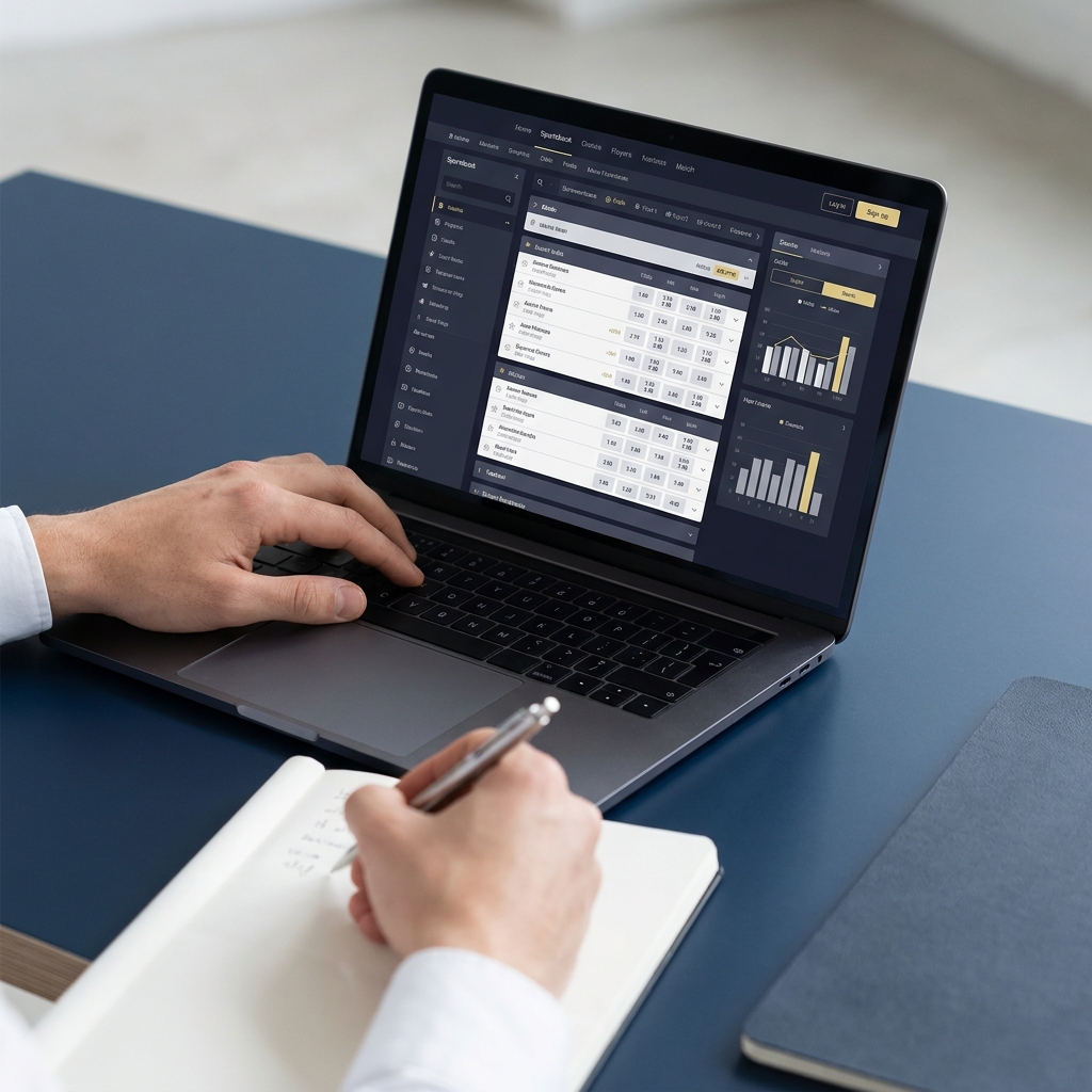 Close up of hands taking notes beside a laptop showing a clean sportsbook website interface, minimalist dark background and accents highlighting workflow and analysis for mystake sportsbook