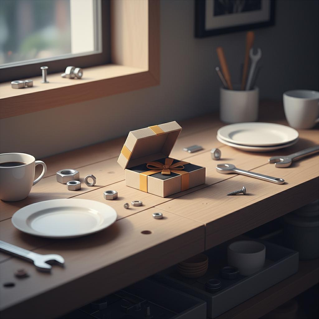 Vermissen in der Fernbeziehung: Nahaufnahme einer geöffneten Geschenkbox auf einer Holz-Werkbank mit sichtbaren Metallteilen, warme gemütliche Lichtstimmung, minimalistische 2D-Vektorästhetik.