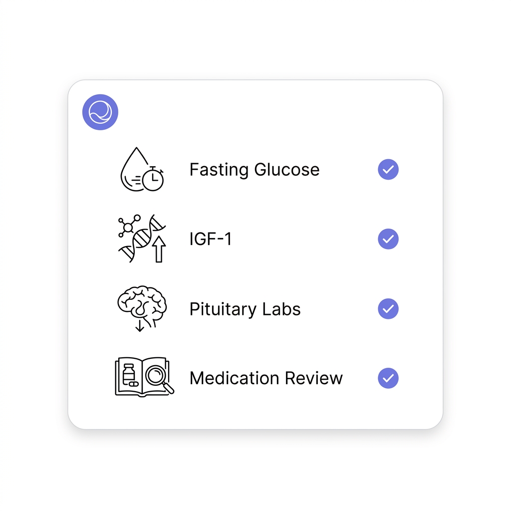 Minimalist full frame checklist graphic for sermorelin baseline tests showing icons for fasting glucose IGF-1 pituitary labs and medication review on white background with blue accents