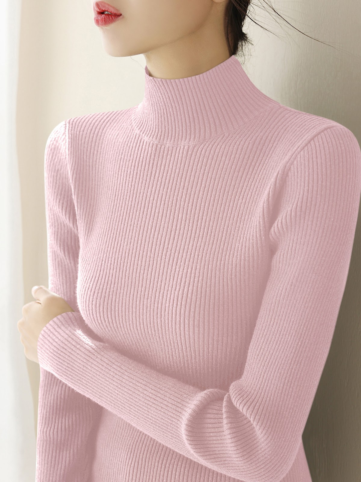 Women's knitted sweater with stand-up collar, slim fit