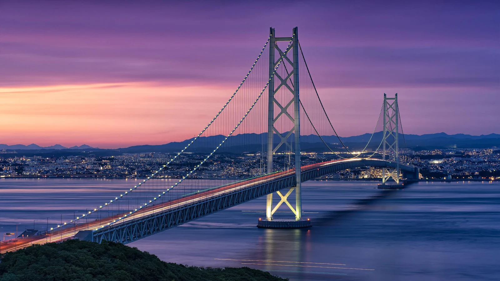 Akashi Kaikyo Bridge At Sunset - Landscape Photography 4K Wallpaper (3840x2160)