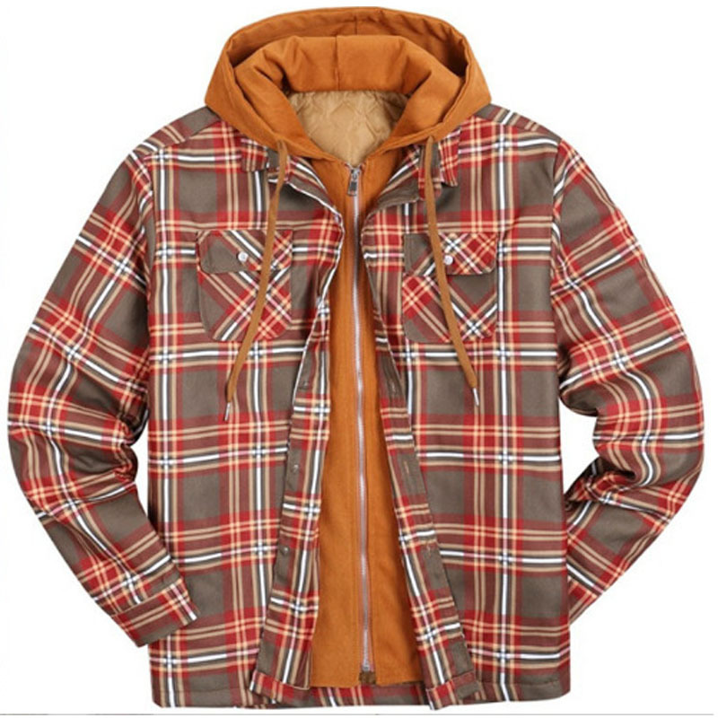 Men's Shirt Jacket, insulated, checkered, with hood