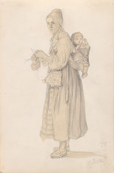 Strikkende kvinne med barn på ryggen Rättvik 1852