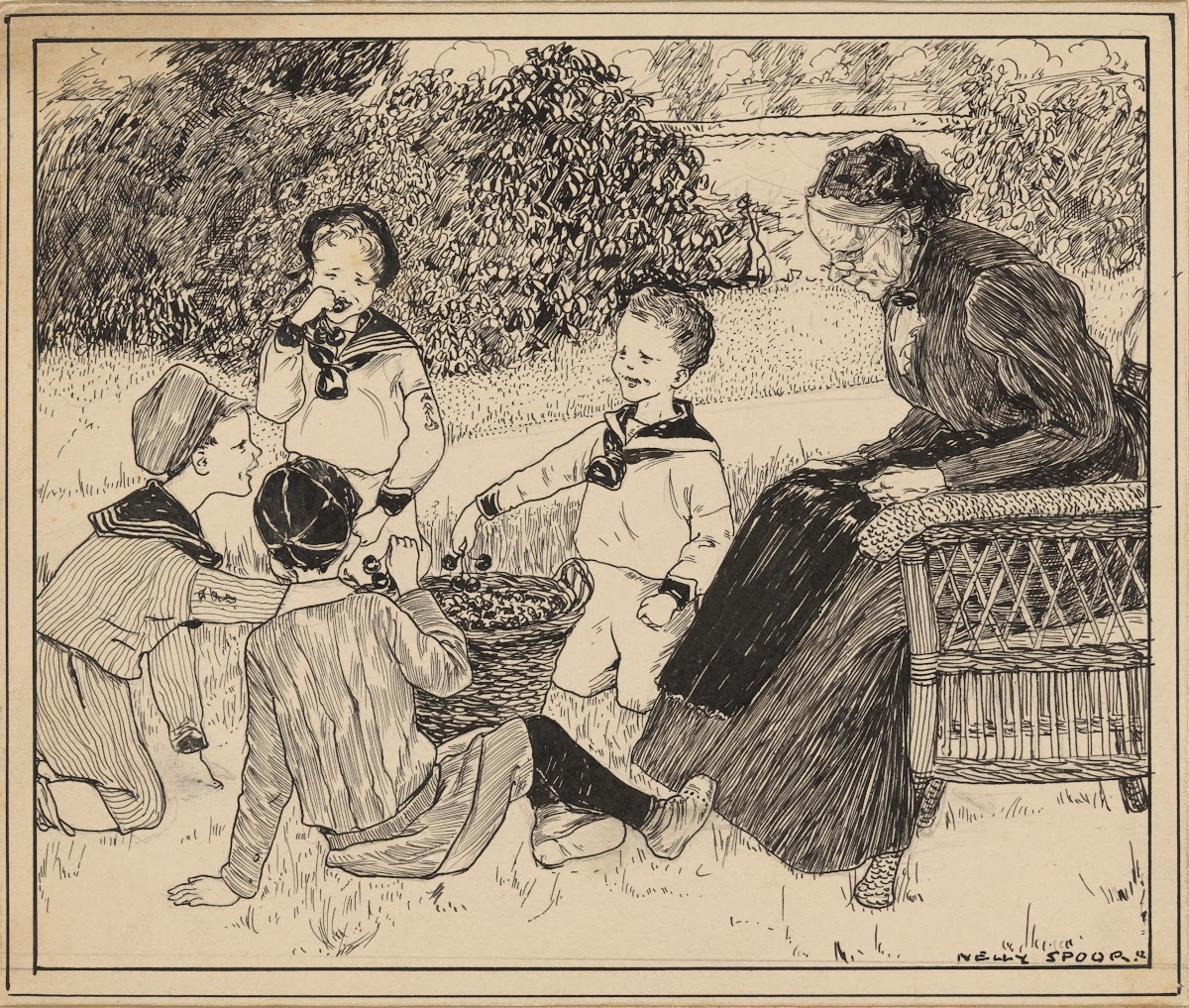 Vier jongens eten kersen op een veld 1912