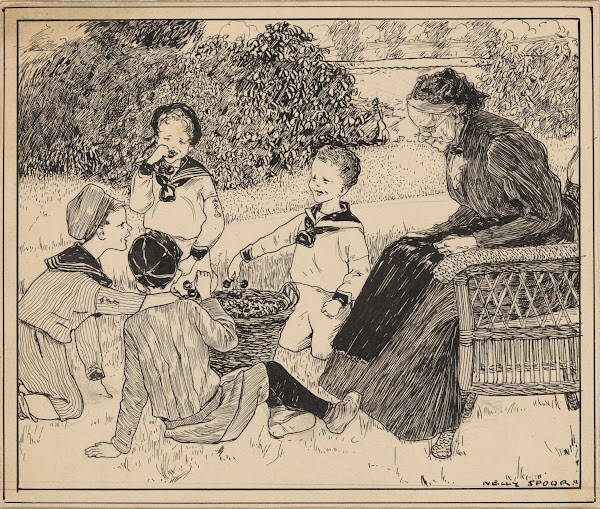 Vier jongens eten kersen op een veld 1912