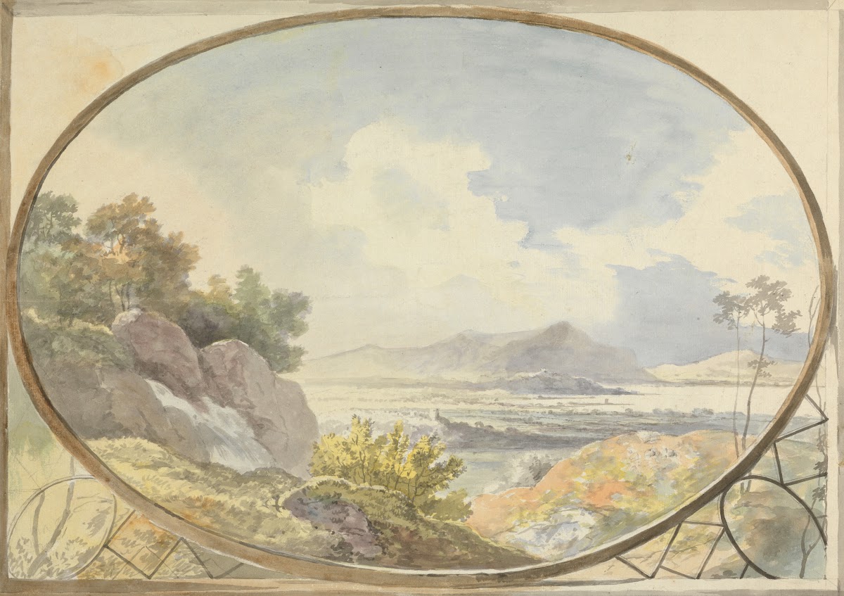 Landscape Set in an Oval Mountain Landscape Through an Oval Window ca 1775