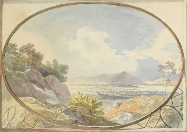 Landscape Set in an Oval Mountain Landscape Through an Oval Window ca 1775