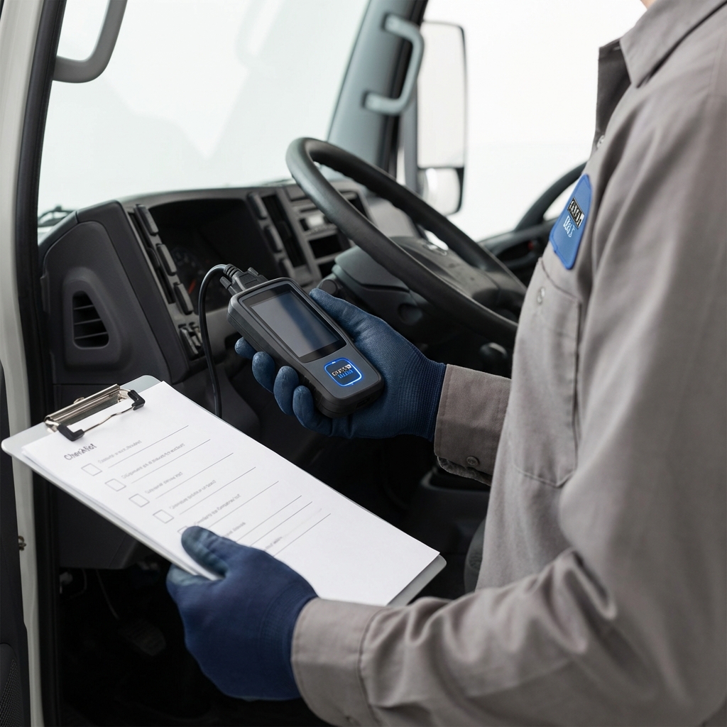 Close up of technician scanning a truck with an OBD tool and reviewing a printed checklist on a clipboard, dodge ram 1500 for sale, clean white CarFax Deals aesthetic
