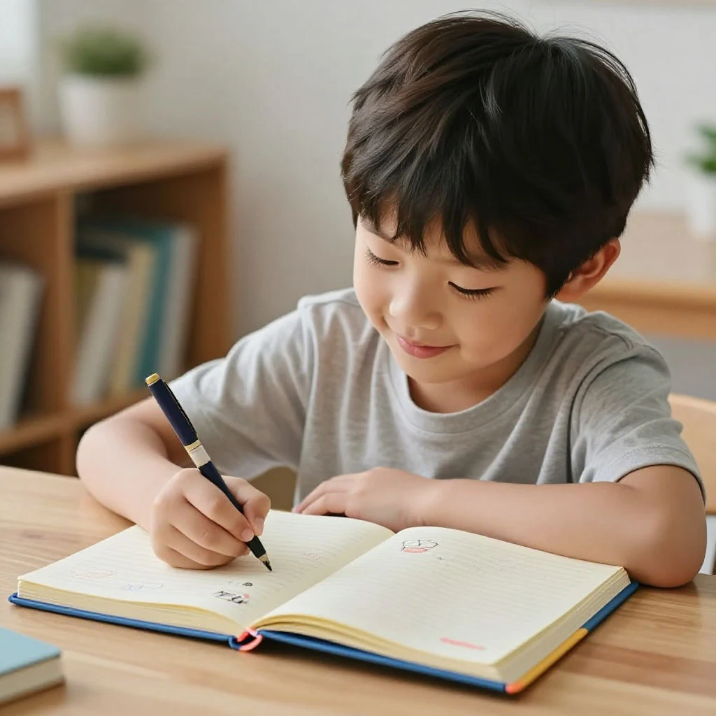 알록달록한 그림이 가득한 일기장에 글을 쓰는 아이
