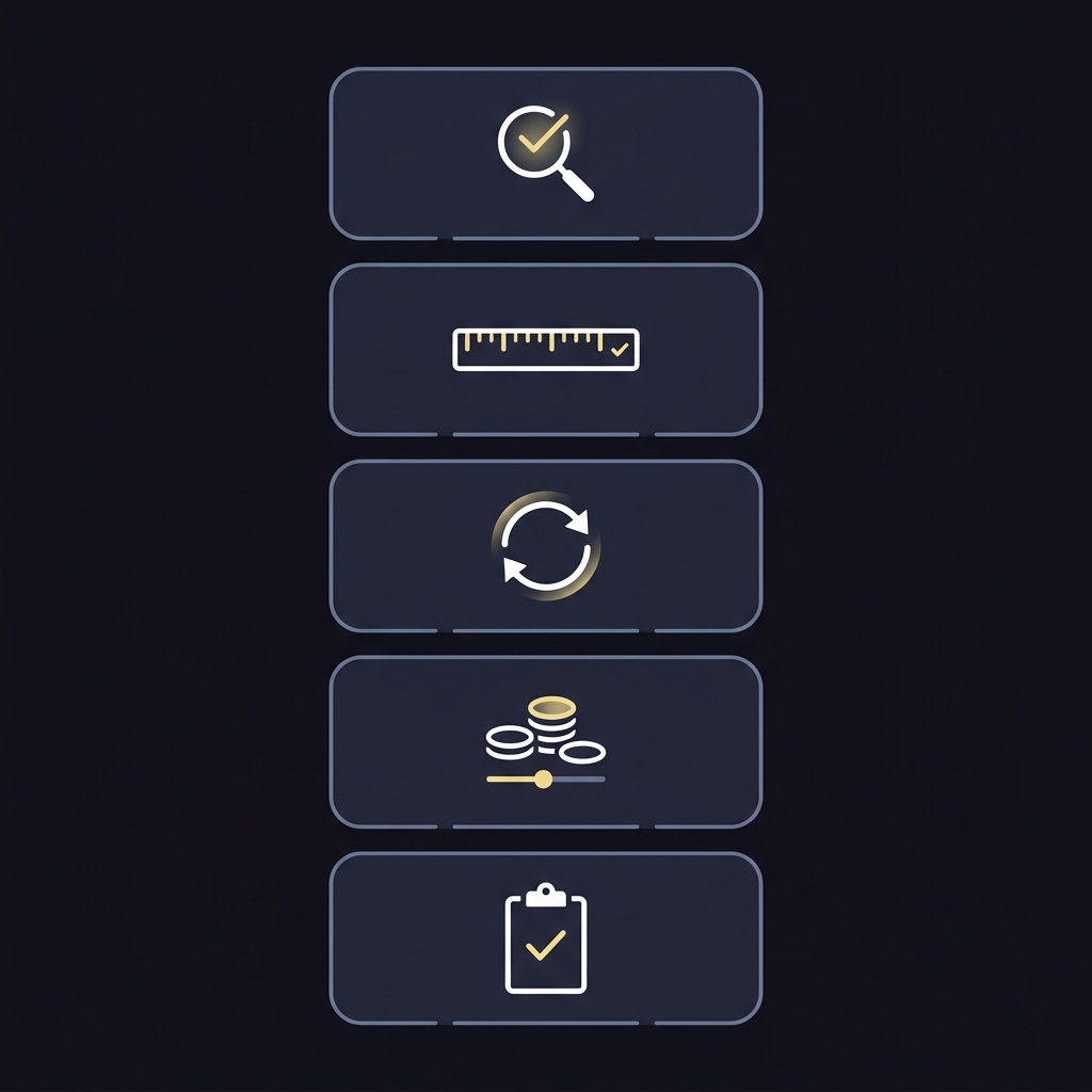 Minimalist 2D vector checklist illustrating five betting line movement steps verify measure recalc adjust stake record decision with icons on dark Funded Plays brand palette