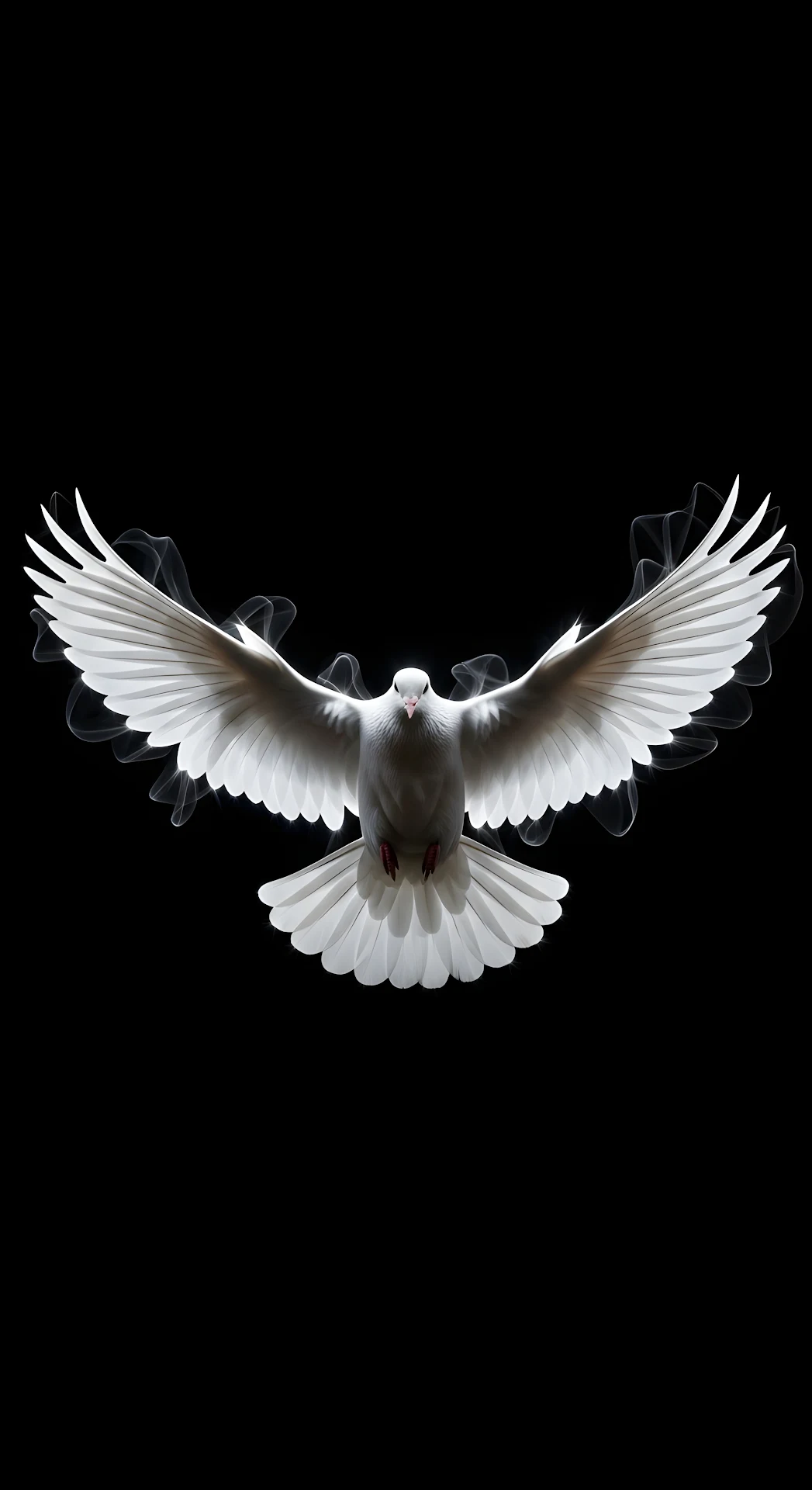 Majestic White Dove Flying with Wings Spread on Black Void - Free 4K mobile Wallpaper