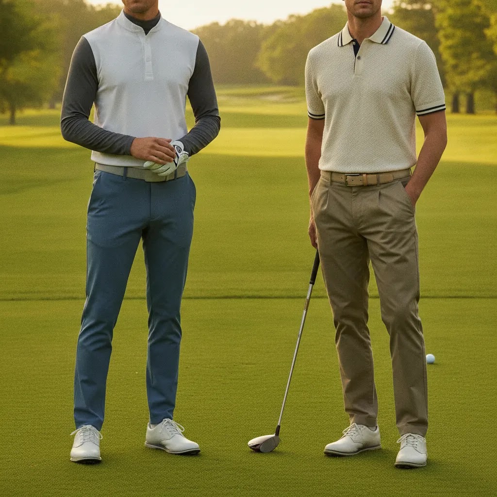 Editorial comparison scene supporting golf hats style choices for different on-course looks