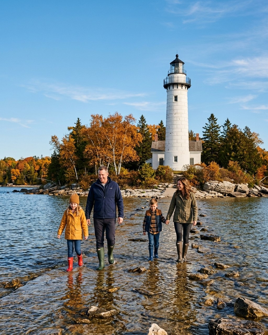 Family wading across causeway to Cana Island Lighthouse in Door County Wisconsin autumn