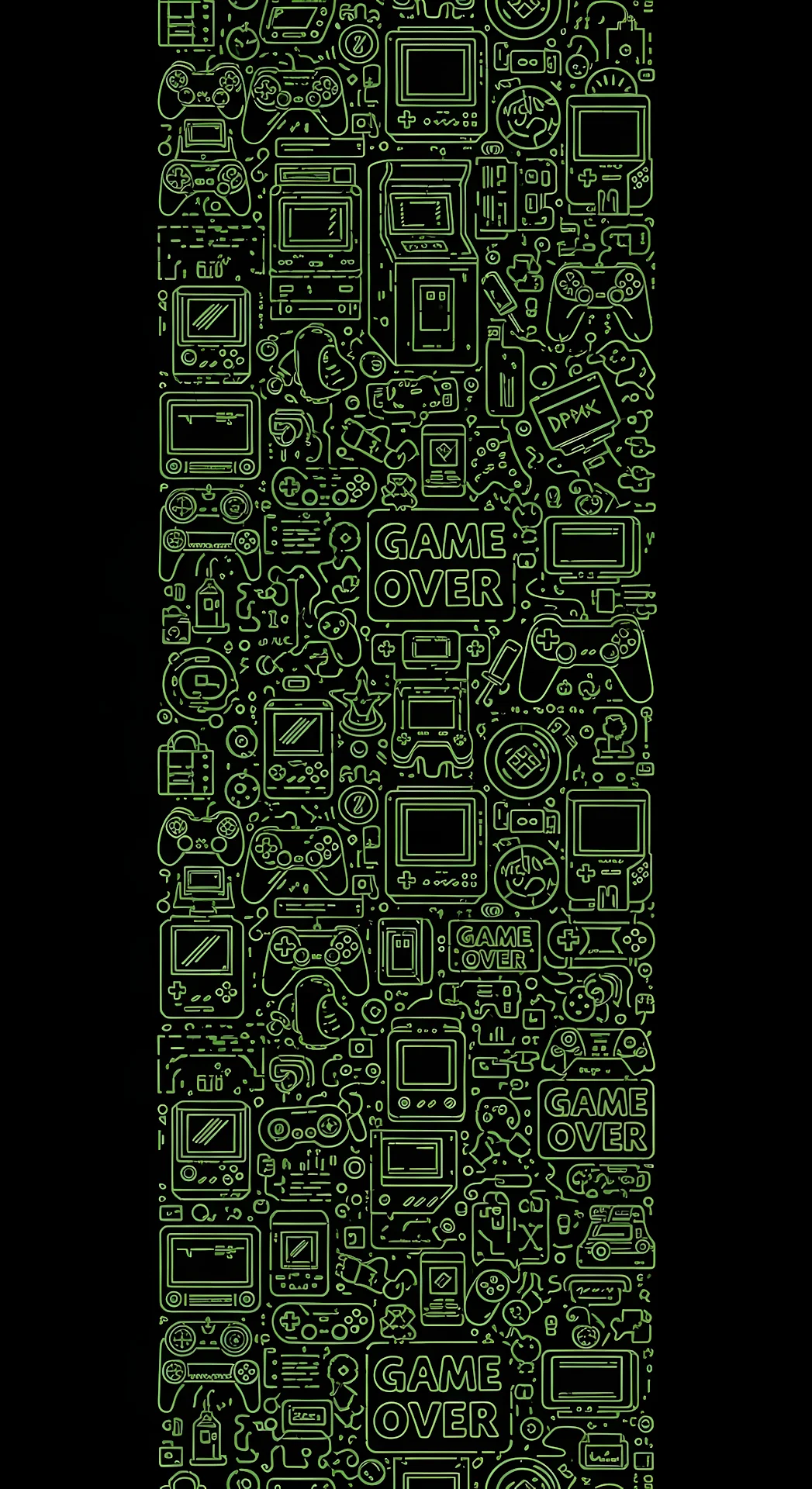 Vertical Seamless Pattern of Neon Green Gaming and Technology Doodles on Black - Free 4K mobile Wallpaper