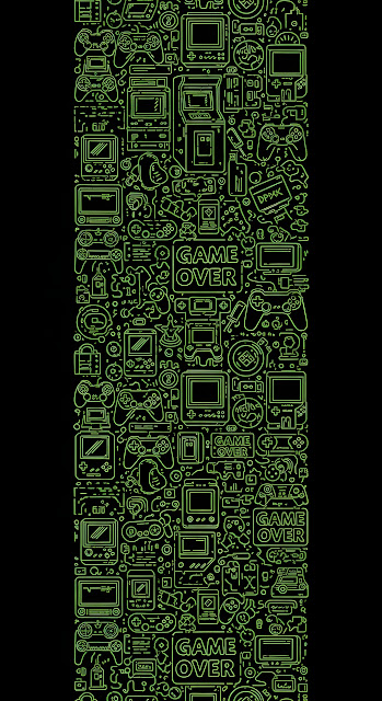 Vertical Seamless Pattern of Neon Green Gaming and Technology Doodles on Black - Free mobile Wallpaper