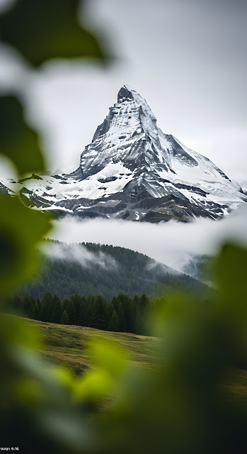 Matterhorn Peak Framed by Green Leaves and Fog - Free mobile Wallpaper