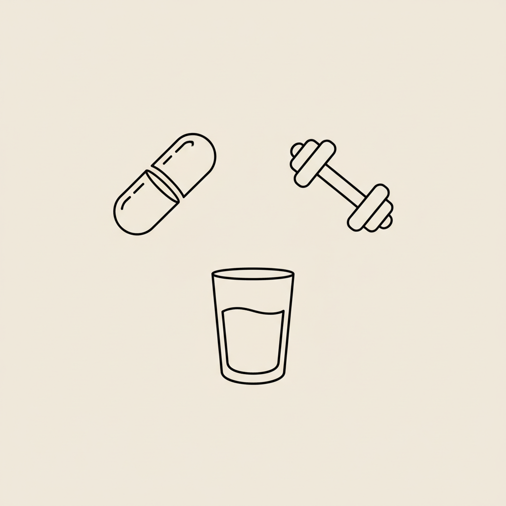 Minimal Tonum-style line illustration of a capsule, small dumbbell and water glass on beige background, representing supplements for perimenopause weight gain