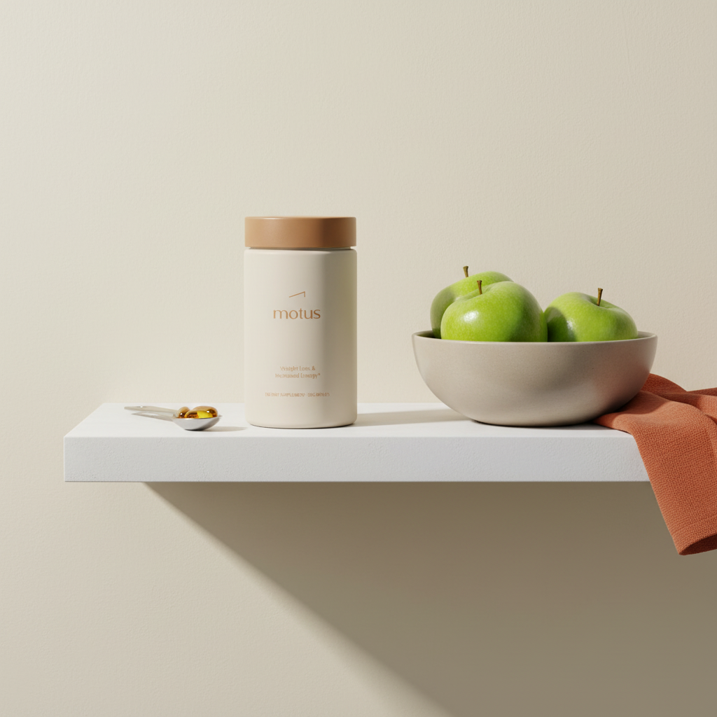 Tonum Motus jar and apple cider vinegar pills on a clean shelf beside a ceramic bowl of apples and a measuring spoon in a minimalist wellness scene for weight loss.