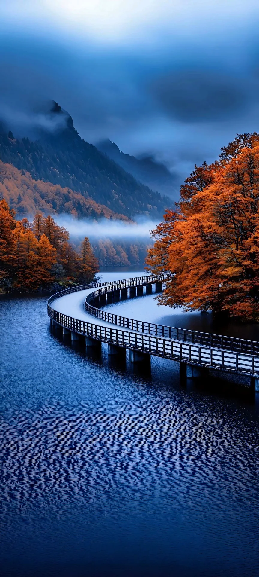 Misty Autumn Forest Bridge Over Blue Lake - Free 4K mobile Wallpaper
