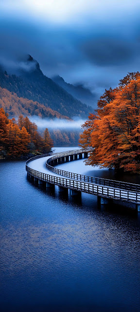 Misty Autumn Forest Bridge Over Blue Lake - Free mobile Wallpaper