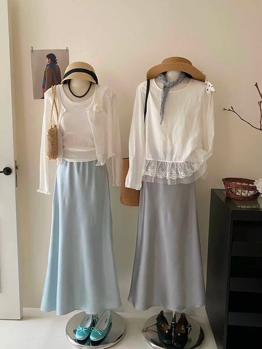 Chân váy dài lụa trơn chữ A XONXEN SHOP 8866 – Image 4