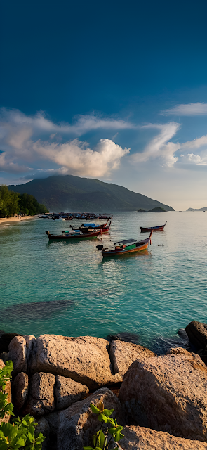 Tropical Beach Longtail Boats Turquoise Water Sunset View