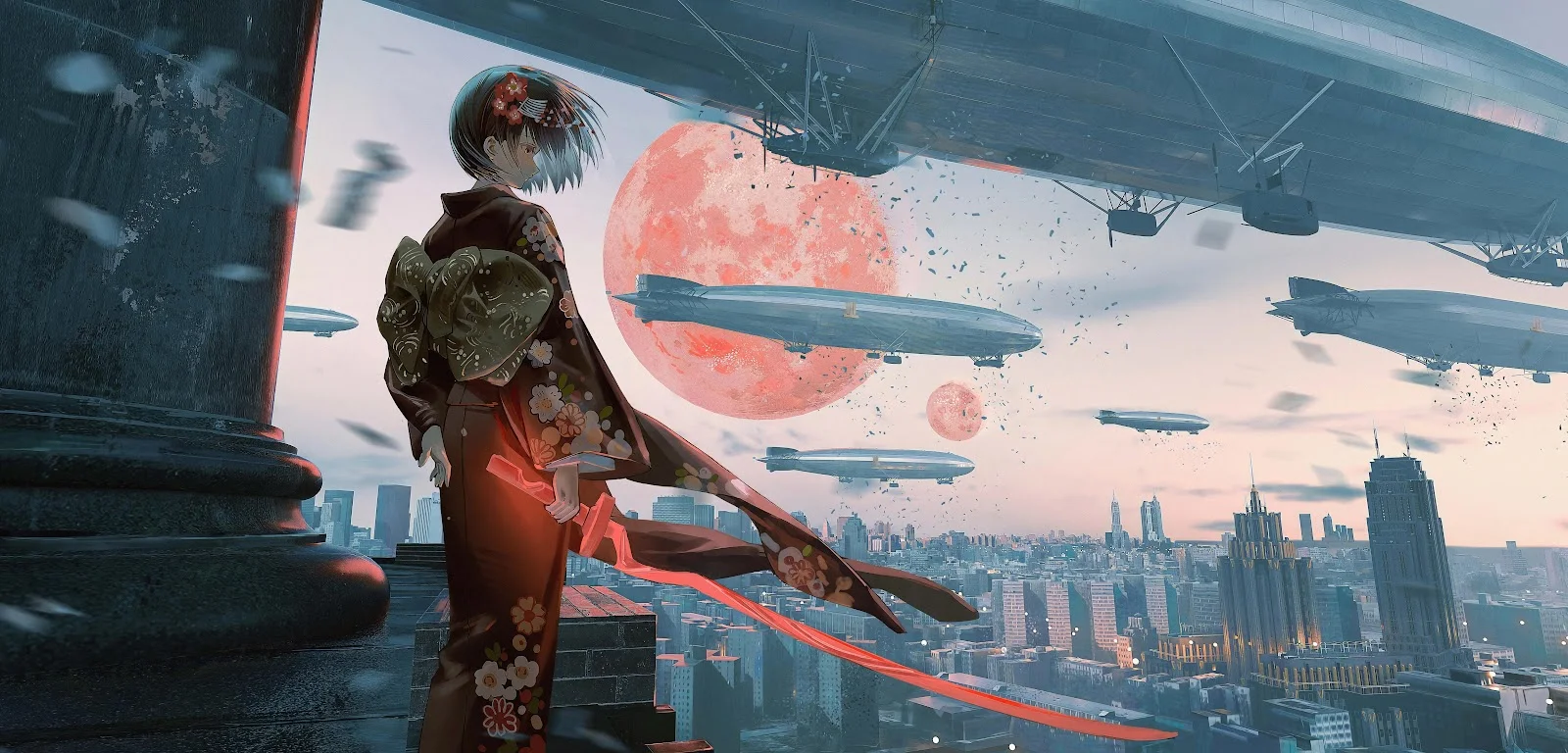 Kimono Girl Overlooking Steampunk City - Anime Digital Art 4K Wallpaper (5000x2399)