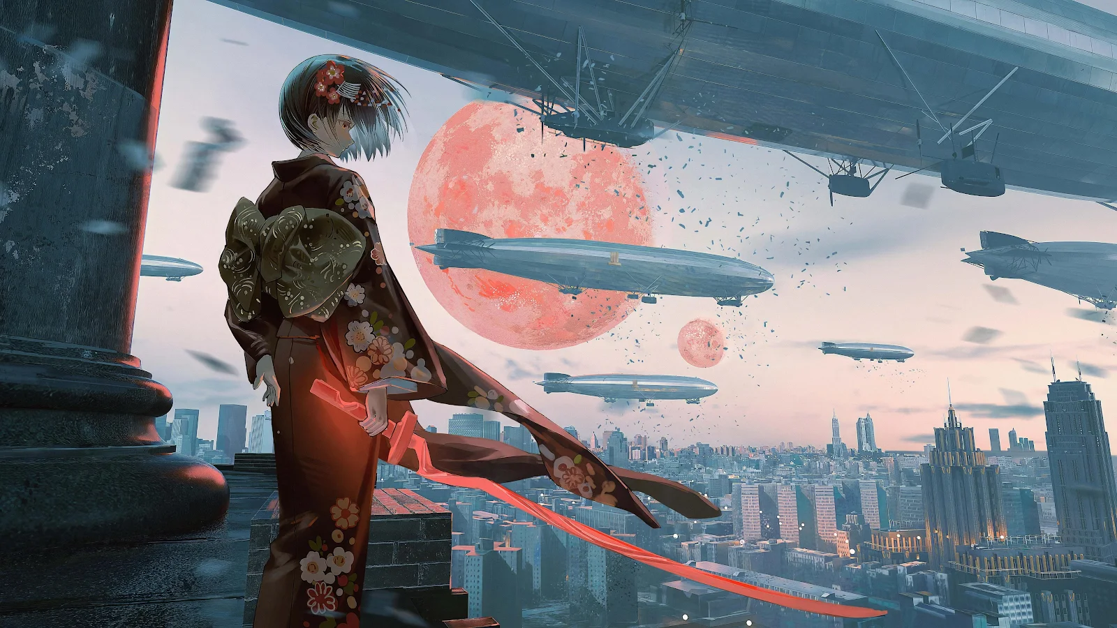 Kimono Girl Overlooking Steampunk City 4K Desktop Wallpaper